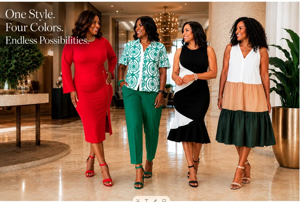 Four women side by side wearing the four Charlita colorways in a hotel lobby
