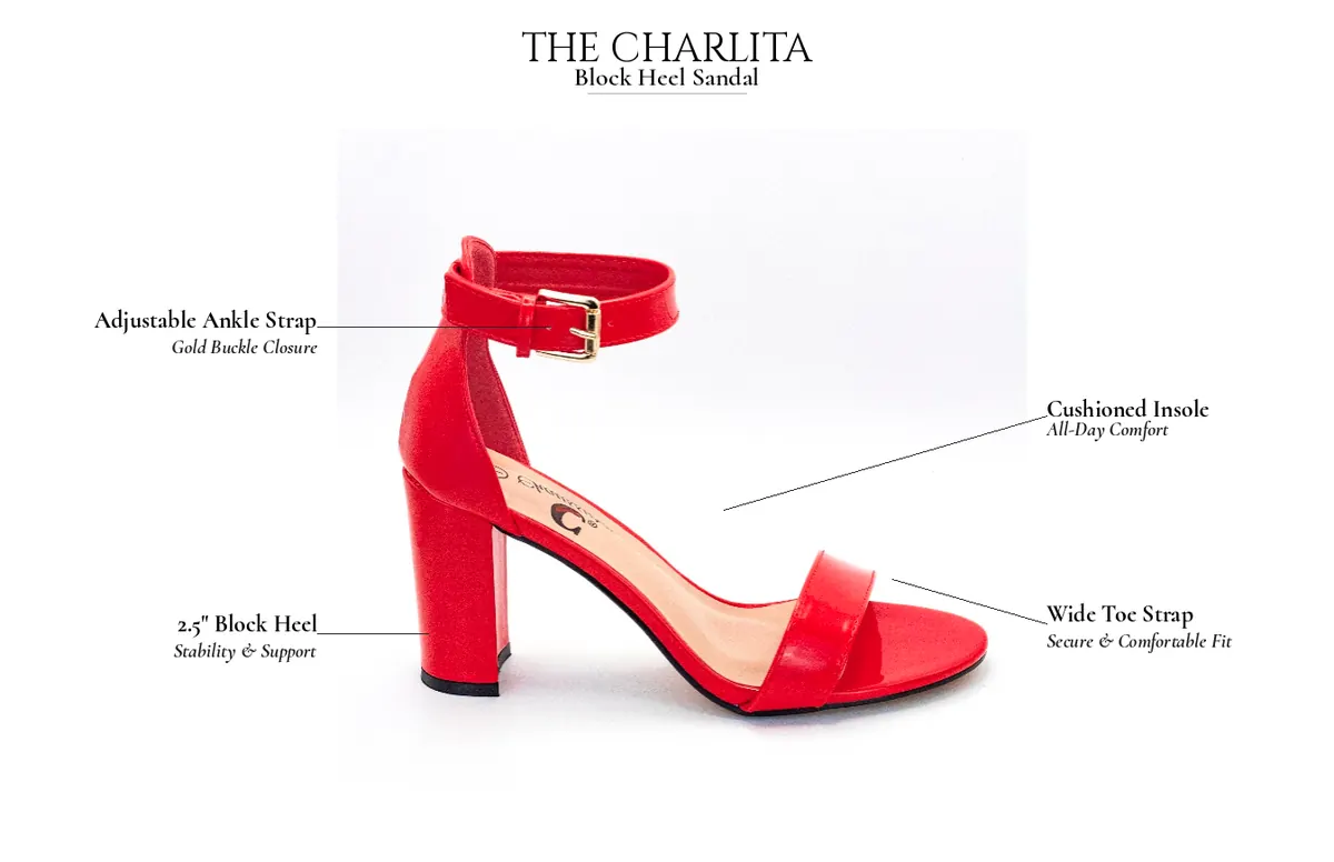 The Charlita Block Heel Sandal - Adjustable Ankle Strap, 2.5 Inch Block Heel, Cushioned Insole, Wide Toe Strap